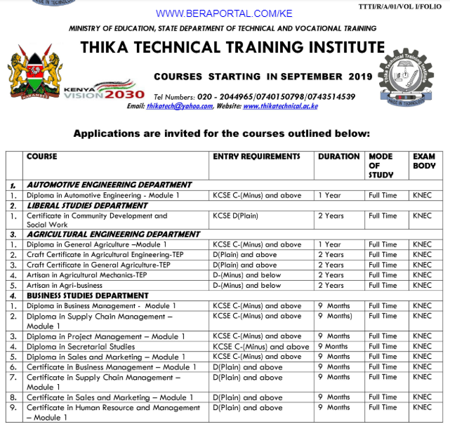 Thika TTI Course Schedules for registration 