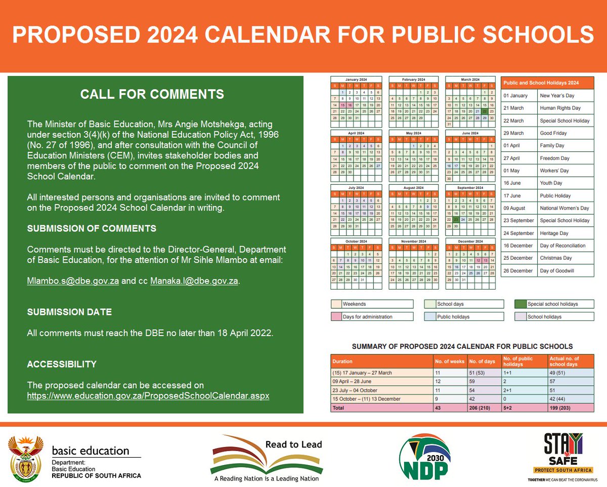 SA Dept. Of Basic Education Calender 2024 